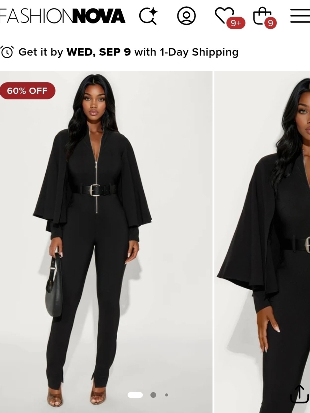 Fashion Nova High Roller Cape Sleeve Belted Wide Leg Jumpsuit Black